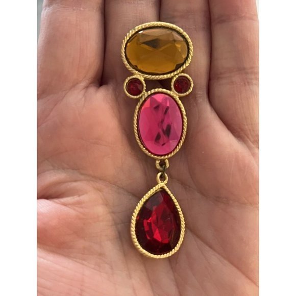 Vintage 3 Tier Orange Pink Red Crystal Three Drop Rhinestone Earrings - Picture 4 of 5